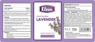Kleen Hand Sanitizer Lavender 250 mL Label (Kleen Lavender 250ml)